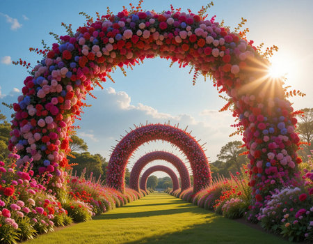 Beautiful flower arch in the garden at sunset time with sun flareの素材