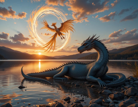 Dragon on the lake at sunset. 3D render. Fantasy.の素材