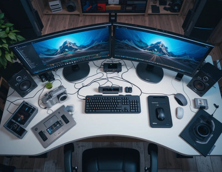 High angle view of a black and white computer desk in a roomの素材