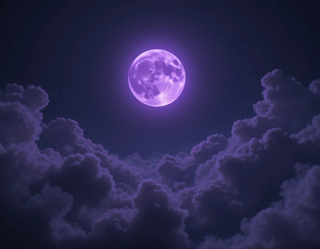 Purple full moon in the night sky. 3D illustration.の素材