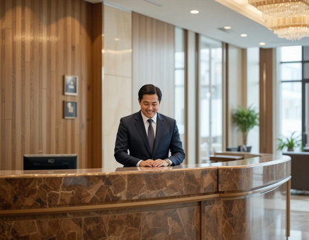 Businessman at hotel reception desk in front of the reception counter.の素材