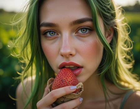 Close-up portrait of a girl with green hair eating a strawberry.の素材