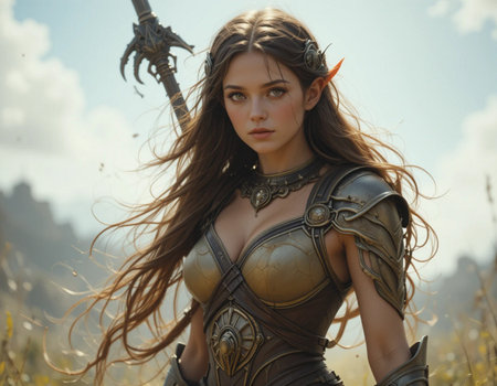 Fantasy woman warrior with sword and armor in the field. Fantasy, fantasy.の素材