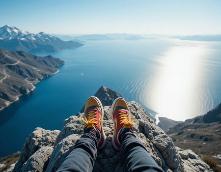 Selfie of sneakers on top of a mountain against the backdrop of Lake Wakatipu, Queenstown, New Zealandの素材