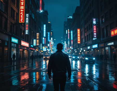 Man walking on the street at night in Shanghai, China. Shanghai is the capital and most populous city of China.の素材