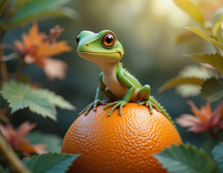 Green tree frog sitting on an orange and looking at the camera.の素材