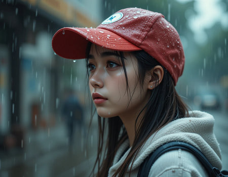 Portrait of a beautiful Asian woman with red cap and backpack in the rainの素材
