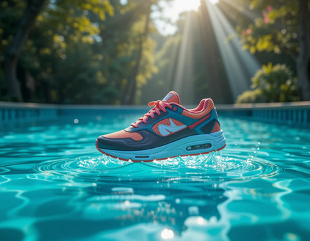 Sneakers floating in the swimming pool. 3d rendering.の素材