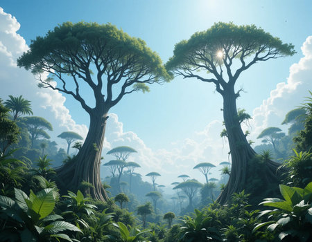 3D rendering of two giant trees in the jungle with sun raysの素材