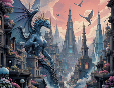 Fantasy castle with dragon and fantasy city. 3D illustration.の素材