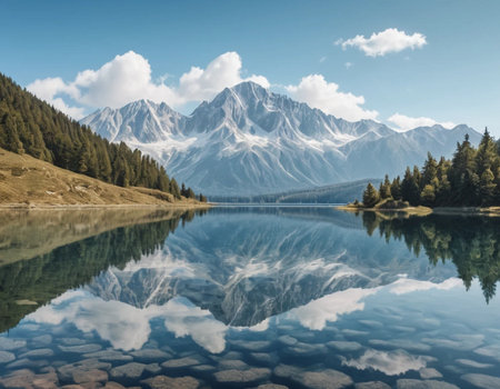 Beautiful mountain lake with reflection in the water and mountains in the backgroundの素材