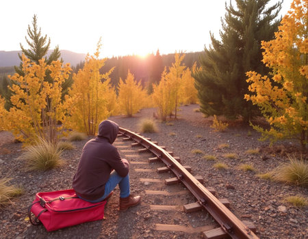 Man with backpack sitting on railway track in autumnal forest at sunsetの素材