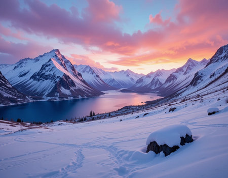 Beautiful winter landscape with snow-capped mountains and lake at sunsetの素材