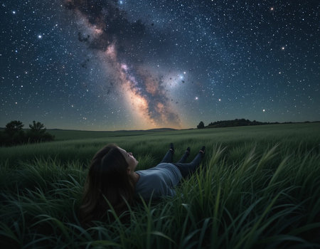 Young woman lying on the grass and enjoying the milky way.の素材