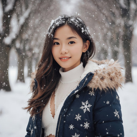 Beautiful Asian woman in a winter park. Snowfall.の素材