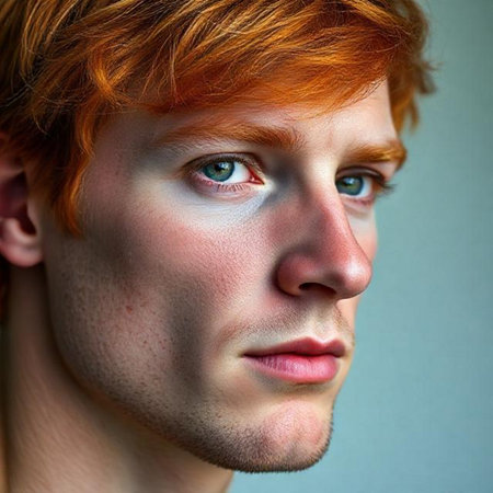 Close-up portrait of a redhead man with frecklesの素材