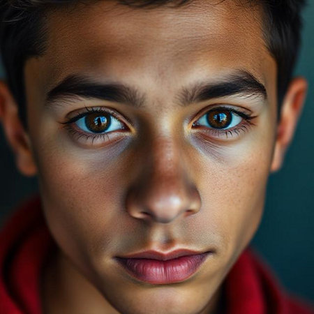 Close up portrait of a young Indian boy with blue eyes.の素材