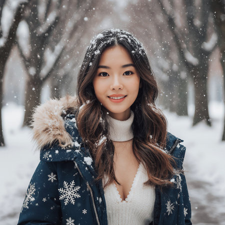 Beautiful Asian woman in winter park with snowflakes.の素材