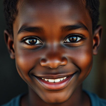 Close up portrait of a happy African American little boy smilingの素材