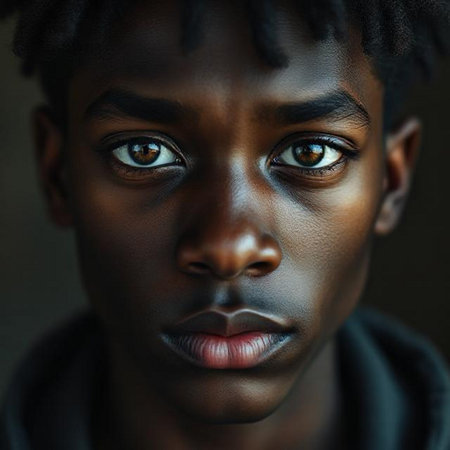Close up portrait of a young African American man looking at cameraの素材