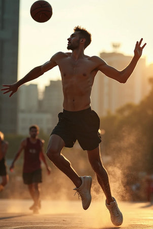 Handsome young man in sportswear playing basketball at sunsetの素材