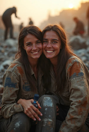 Two female friends sitting on the ground and looking at the camera.の素材