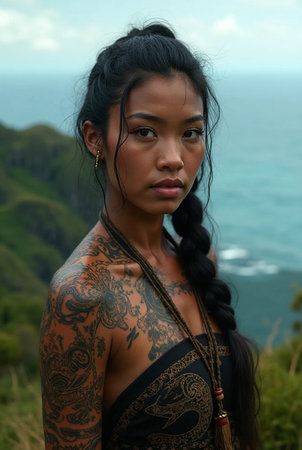 Portrait of a beautiful Asian woman on the top of a mountainの素材