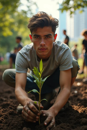 Young man planting a tree in the park. Selective focus.の素材