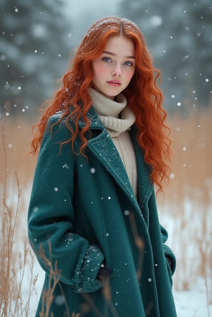 Beautiful redhead girl in the winter forest. Snowfall.の素材
