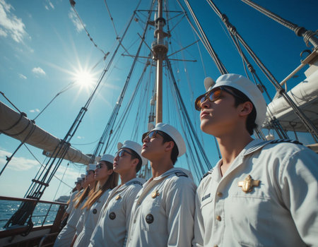 Group of young people on the deck of a sailing ship in a sunny day.の素材