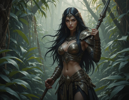 Warrior amazon woman in the forest with sword. Fantasy forest.の素材