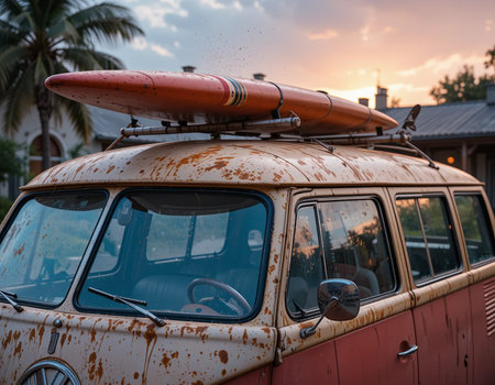 Abandoned old van with a surfboard on the roof.の素材