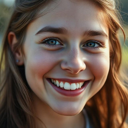 Close up portrait of a beautiful young woman with green eyes smiling.の素材