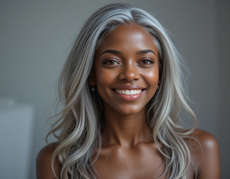 Portrait of beautiful young African American woman smiling at cameraの素材