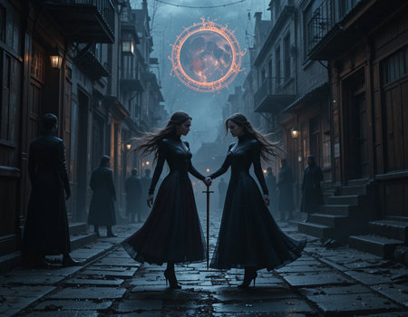 Two beautiful young women in medieval dresses walking on the street in a foggy night.の素材
