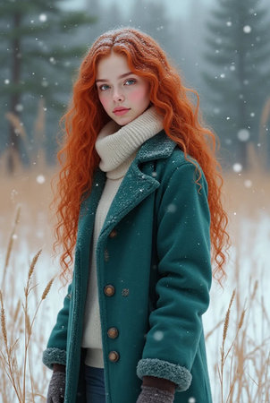 Redhead girl in winter forest. Young woman in snowy forest.の素材