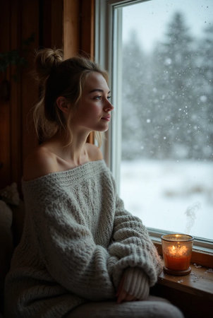 Beautiful young woman in a knitted sweater sits on the windowsill and looks at the winter landscape.の素材