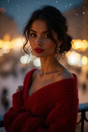 Portrait of a beautiful brunette woman in a red sweater on a background of the city.の素材