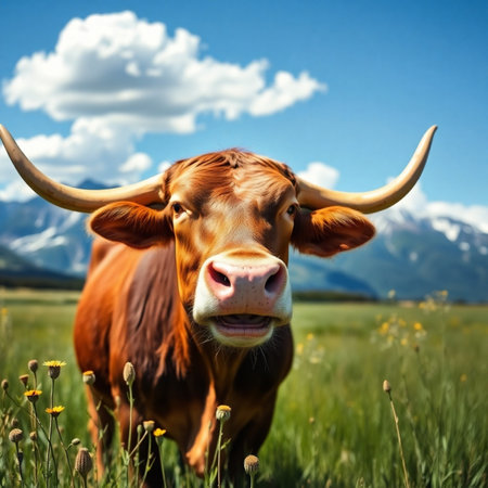 Portrait of a brown cow on a meadow in the Alpsの素材