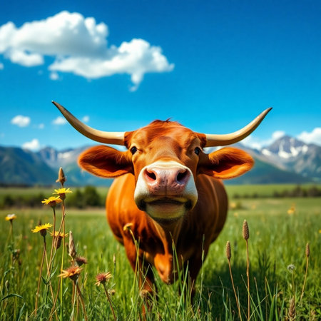 Portrait of a red cow on a green meadow with yellow flowersの素材