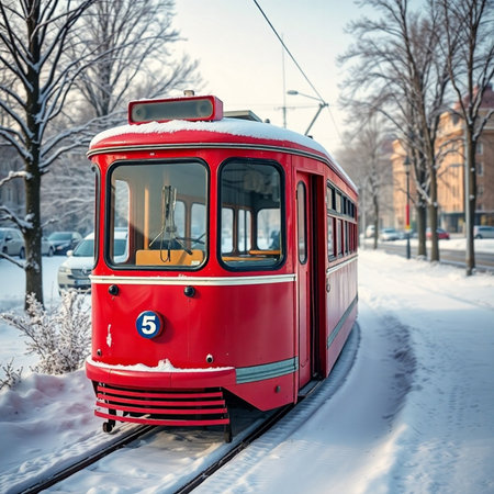 Red tram in the city on a snowy winter day. Travel concept.の素材