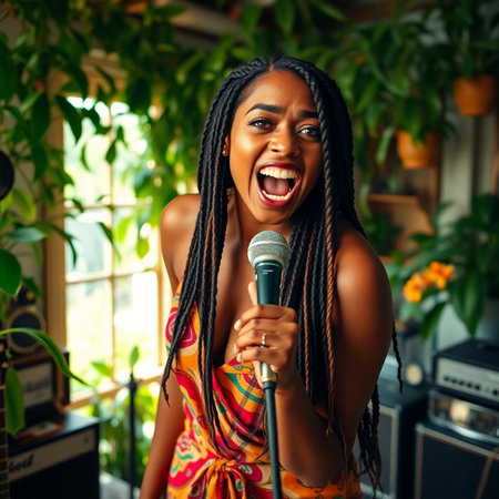 Portrait of a beautiful African American woman singing into a microphone.の素材
