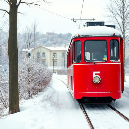 Red trams in the city in winter. Beautiful winter landscape.の素材
