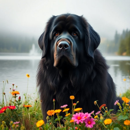 Portrait of a Newfoundland dog on the background of a lake with flowersの素材