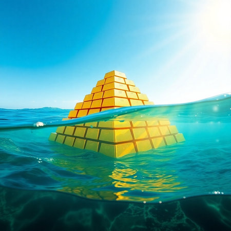 Pyramid of gold bars floating in the sea. 3d renderの素材