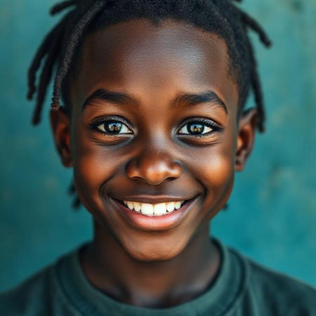 Close up portrait of a beautiful African American boy smiling.の素材