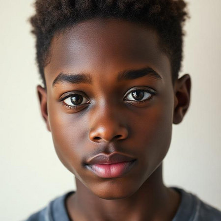 Close up portrait of a cute African American boy looking at cameraの素材