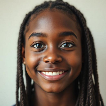 Close up portrait of a smiling African American woman with dreadlocksの素材