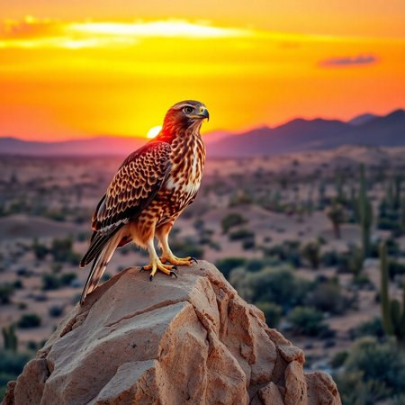 Red-tailed hawk (Buteo jamaicensis) perched on a rock at sunset in Joshua Tree National Park, Californiaの素材