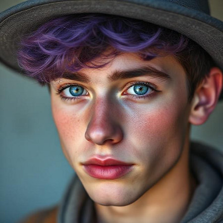 Close-up portrait of a beautiful young man with purple hair.の素材